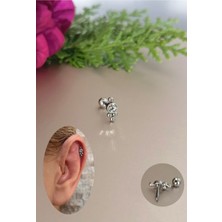 %100 Cerrahi Çelik Tek Taş Dört Top Çelik Kıkırdak Piercing - Bar Uzunluğu 6 mm - 1 Adet
