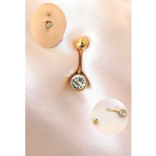 %100 316 L Cerrahi Çelik Tek Taşlı Göbek Piercingi-Bar Uzunluğu 10mm- 1 Adet