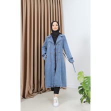 Pamuk Butik Kadın Kruvaze Yaka Kemerli Denim Trençkot Mavi Renkli Şık Tasarım