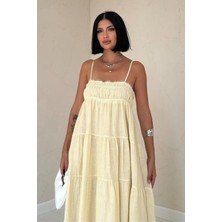 Ip Askılı Çizgili Gipe Detaylı Kumaş Yazlık Elbise 4201