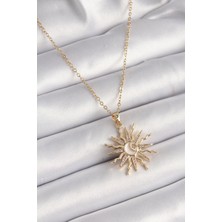 Winwin Store 316L Çelik Gold Renk Zincir Renkli Zirkon Taşlı Sedefli Ay Işleme Detay Kadın Kolye