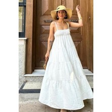 Ip Askılı Parçalı Desen Yumuşacık Müslin Kumaş Gipe Detaylı Yazlık Kadın Elbise 4198