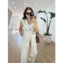 Qimya Butik Magarde Kadın Ara Boy Kuşaklı Yelekli Bol Pantolonlu Ikili Keten Takım