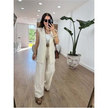 Qimya Butik Magarde Kadın Ara Boy Kuşaklı Yelekli Bol Pantolonlu Ikili Keten Takım