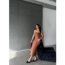 Maggaza Straplez Krep Elbise - Kahverengi