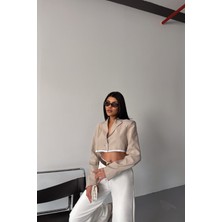 Maggaza Tek Düğme Crop Bej Ceket