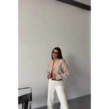 Maggaza Tek Düğme Crop Bej Ceket