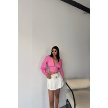Maggaza Yaka Kenar Dantel Detaylı Crop Poplin Pembe Gömlek