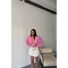 Maggaza Yaka Kenar Dantel Detaylı Crop Poplin Pembe Gömlek