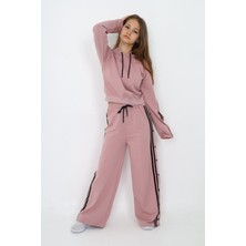 Kız Çocuk %100 Pamuk Kapüşonlu Uzun Kol Oversize Pudra Eşofman TAKIMI-AÜT-0024