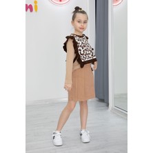 Cansın Mini Kahve Leopar Desenli Süveterli Şort Etekli Kız Çocuk Badili 3lü Takım 20498