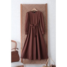 Küçüğüm Butik Tesettür Kahverengi Poplin Kloş Elbise