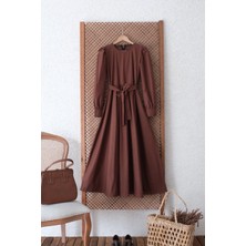 Küçüğüm Butik Tesettür Kahverengi Poplin Kloş Elbise
