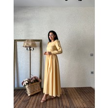 Tesettür Tatlı Sarı Kloş Poplin Elbise