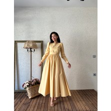 Tesettür Tatlı Sarı Kloş Poplin Elbise