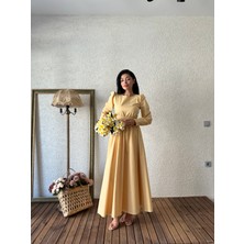 Tesettür Tatlı Sarı Kloş Poplin Elbise