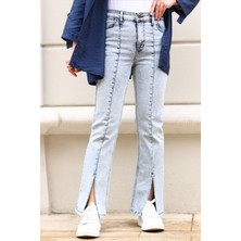 Morena Mavi Kar Yıkama Likralı Yüksek Bel Ispanyol Paça Yırtmaçlı Kot Pantolon Flare Jean