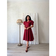 Bordo Büyük Yakalı Kloş Poplin Elbise