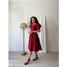 Bordo Büyük Yakalı Kloş Poplin Elbise