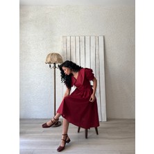 Bordo Büyük Yakalı Kloş Poplin Elbise