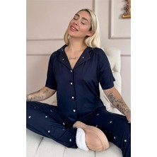 Pijama Evi Lacivert Mystic Shine Desenli Bambu Önden Düğmeli Kısa Kol Pijama Takımı