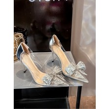 Trendy Anka Lady Princess Gümüş Şeffaf Nude Fiyonk Toka Taşlı 8 cm Ince Topuklu Düğün Nişan Abiye Ayakkabı