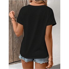 Mercoledi Kadın V Yaka Baskılı & Düz Beyaz Oversize T-Shirt Salaş Boyfirend