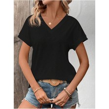 Mercoledi Kadın V Yaka Baskılı & Düz Beyaz Oversize T-Shirt Salaş Boyfirend