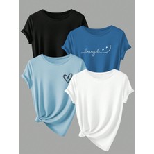 Unisex 4'lü Paket Siyah-Beyaz-Gri-Bebe Mavisi Düz Oversize Bisiklet Yaka Salaş Tshirt