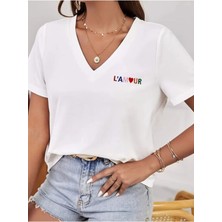Kadın Baskılı  Oversize Beyaz V Yaka T-Shirt Salaş