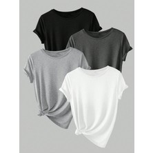 Unisex 4'lü Paket Siyah-Beyaz-Gri-Bebe Mavisi Düz Oversize Bisiklet Yaka Salaş Tshirt