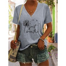 Kadın Baskılı Kadın Oversize V Yaka T-Shirt Salaş
