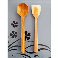 El Yapımı Ahşap Kiraz Ağacı Spatula Kaşık Seti Zeytin Desenli 2 ' Li 30 cm
