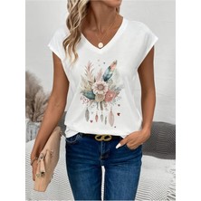 Mercoledi Fotoğraf Makinası Baskılı Kadın V Yaka Oversize T-Shirt Beyaz Salaş Boyfirend Günlük Kullanım için Rahat