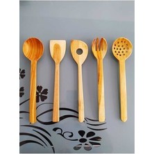 El Yapımı Ahşap Kiraz Ağacı Spatula Kaşık Seti Zeytin Desenli 5 ' Li 30 cm