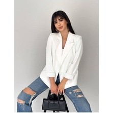Kruvaze Yaka Düğmesiz Cepli Astarlı Katlanılabilir Kol Blazer Ceket