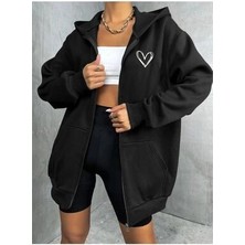 Unisex 2ip Örme Kumaş Oversize Kalp Baskılı Önü Fermuarlı