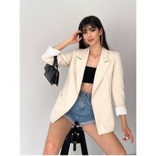 Kruvaze Yaka Düğmesiz Cepli Astarlı Katlanılabilir Kol Blazer Ceket