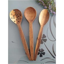 El Yapımı Zeytin Desenli Şimşir Sağlamlığında Ceviz Ağacı Kaşık Seti 3' Lü