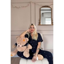 Pijama Evi Lacivert Beyaz Mystic Shine Desenli Bambu Önden Düğmeli Kısa Kol Pijama Takımı