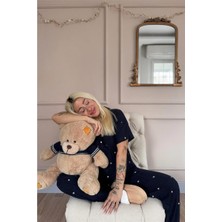 Pijama Evi Lacivert Beyaz Mystic Shine Desenli Bambu Önden Düğmeli Kısa Kol Pijama Takımı