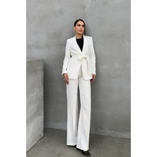 Kadın Ikili Kuşaklı Blazer Ceket Pantolon Takım