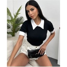 Kadın Siyah Polo Yaka Fitilli Örme Bluz