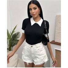 Kadın Siyah Polo Yaka Fitilli Örme Bluz
