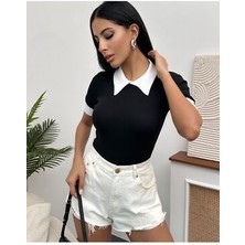 Kadın Siyah Polo Yaka Fitilli Örme Bluz