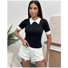 Kadın Siyah Polo Yaka Fitilli Örme Bluz