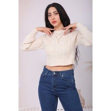 Kadın Örgü Detaylı Crop Triko Kazak