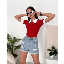 Kadın Kırmızı Polo Yaka Fitilli Örme Bluz