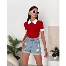Kadın Kırmızı Polo Yaka Fitilli Örme Bluz