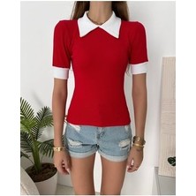 Kadın Kırmızı Polo Yaka Fitilli Örme Bluz